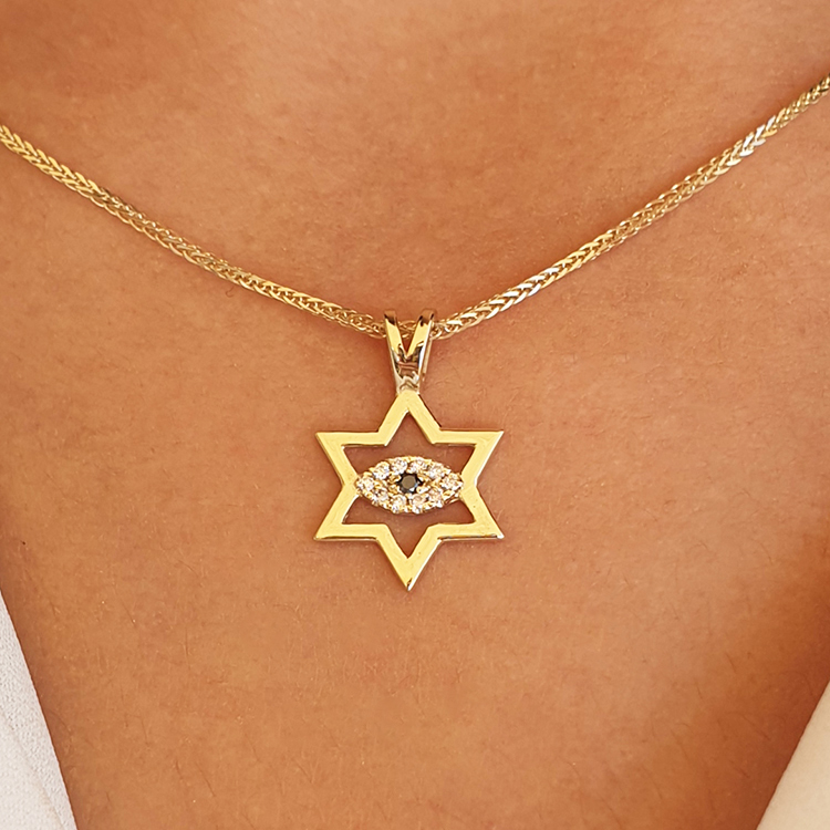 14K Gold 0.06ctw Star of David with Evil Eye Diamond Pendant