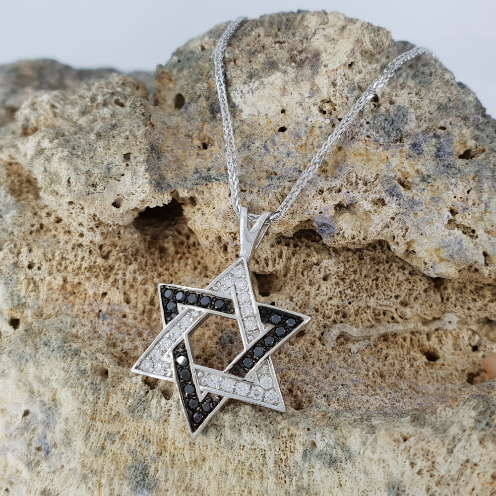 Realistic picture of 14k gold Star of David  Black and Diamond 0.36ct  Pendant, 20mm
