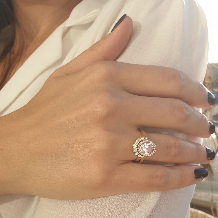 תמונה נוספת של התכשיט סט טבעת יהלומים ואבן מורגנייט וטבעת משלימה