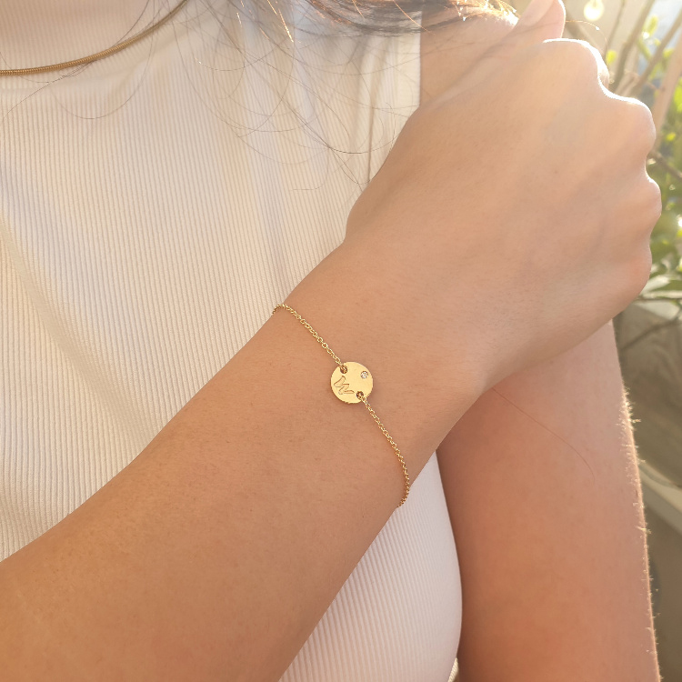 Additional image of Diamond 0.02ct Coin Initial Bracelet in 14k Gold
