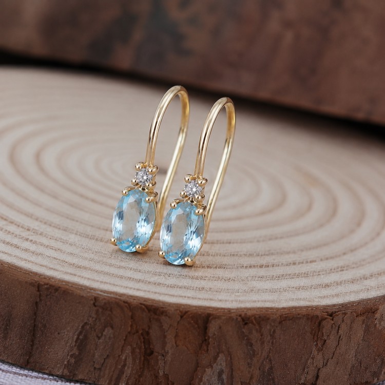 Real Gold Dangle Earrings with Oval Blue Topaz 6x4 mm and Natural Diamonds