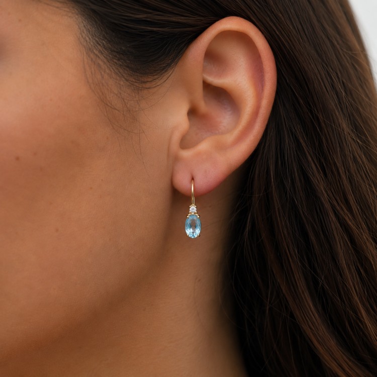 Additional image of  Real Gold Dangle Earrings with Oval Blue Topaz 6x4 mm and Natural Diamonds