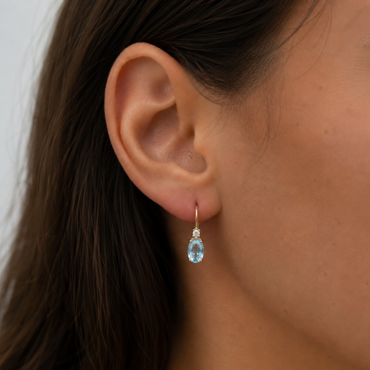 Additional image of  Real Gold Dangle Earrings with Oval Blue Topaz 6x4 mm and Natural Diamonds