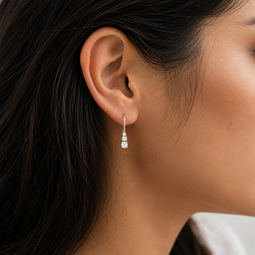 Additional image of  Three-Stone Natural Diamond Drop Earrings - 0.34 Carat Solid Gold