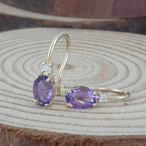 14k Gold, Purple Oval Shaped Amethyst and Diamond Hook Earrings