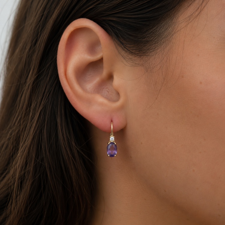 Additional image of  Real Gold Drop Earrings with Purple Oval Amethyst and Natural Diamonds