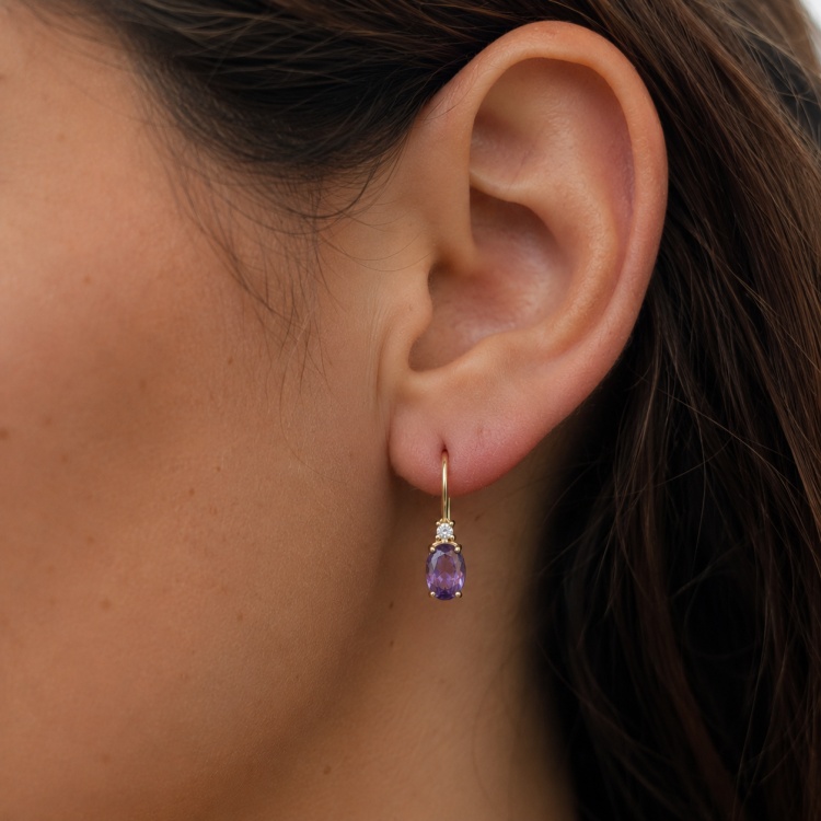 Additional image of  Real Gold Drop Earrings with Purple Oval Amethyst and Natural Diamonds