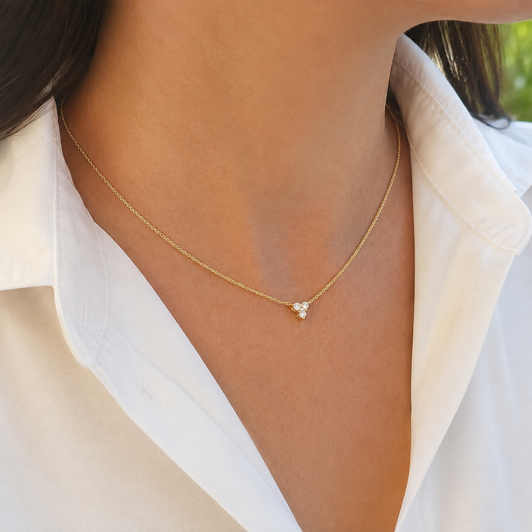 Additional image of  14k Gold Upside Down Triangle Three Diamond Necklace