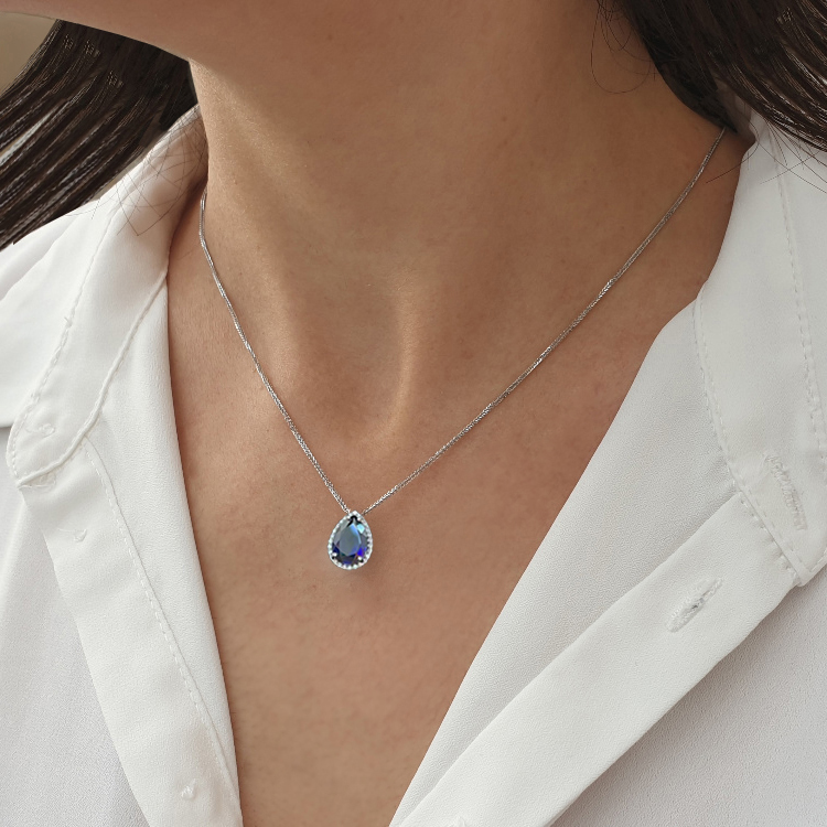 Realistic picture of Pear-Shaped Sapphire and Diamond Pendant