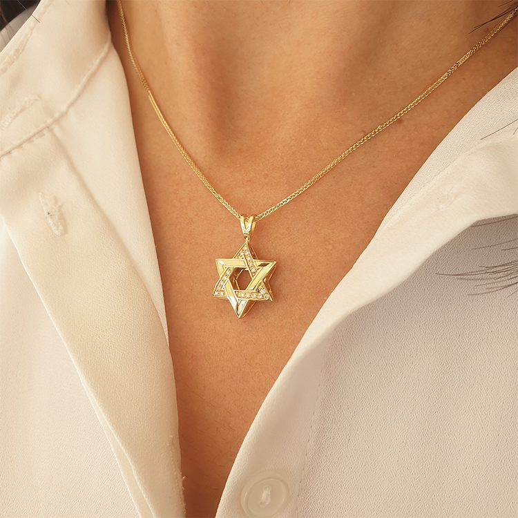 14K Gold 0.12ctw 3D Star of David Diamond Pendant, 1.7cm