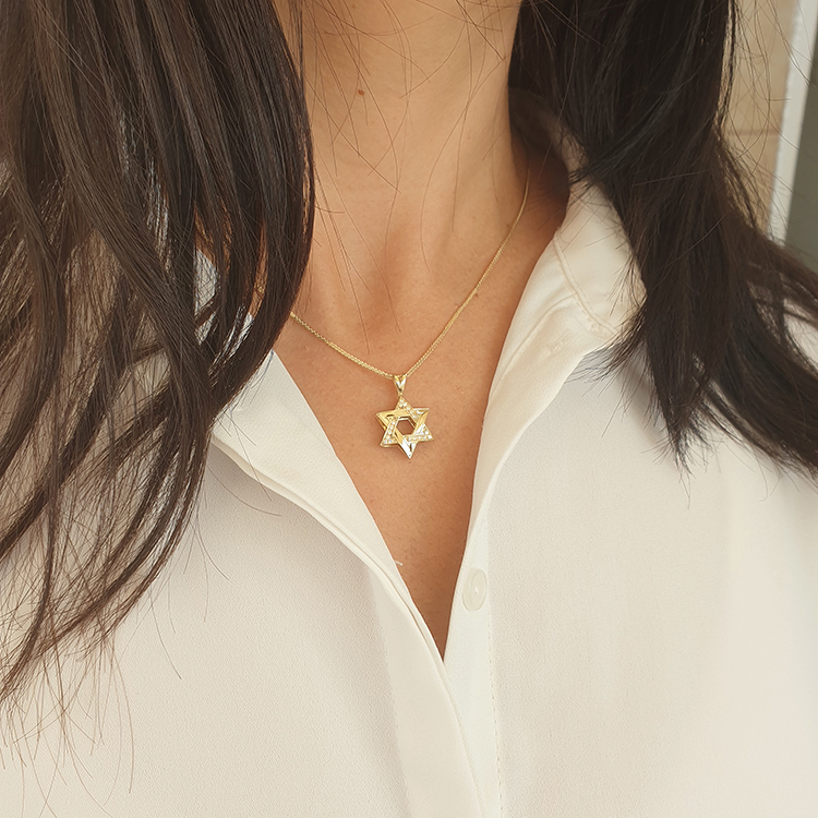 Realistic picture of 14K Gold 0.12ctw 3D Star of David Diamond Pendant, 1.7cm