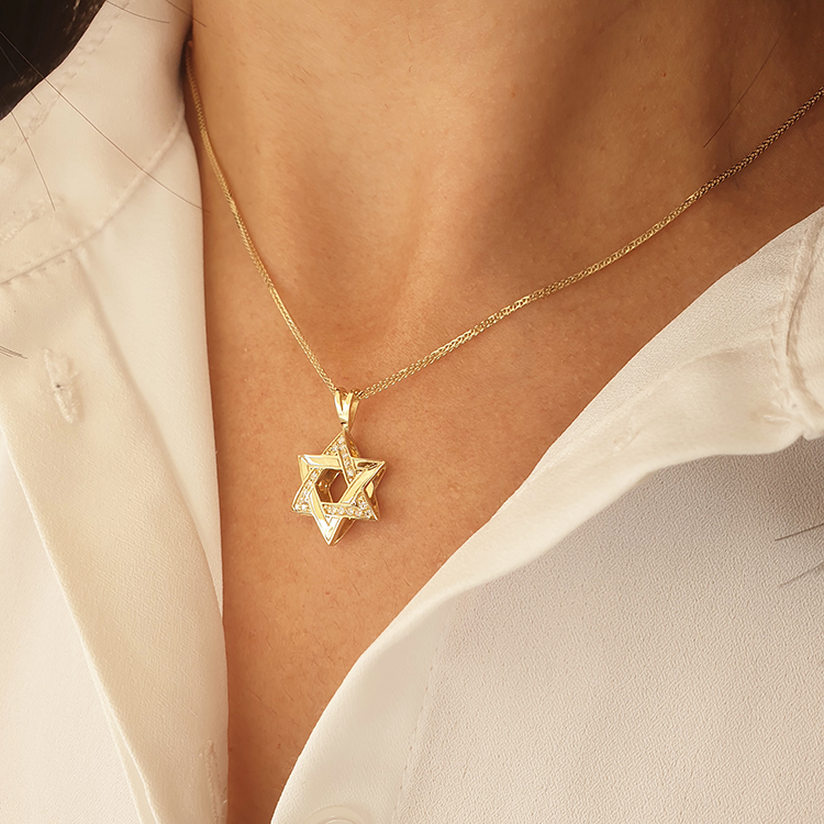 Additional image of  14K Gold 0.12ctw 3D Star of David Diamond Pendant, 1.7cm