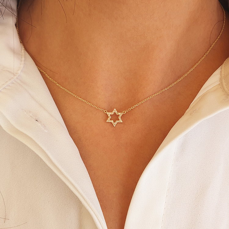 14k gold, 0.10ct diamonds tiny star of david necklace / choker / collar