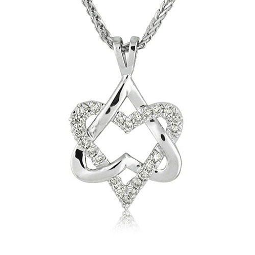 Realistic picture of 1.7cm 14k Gold Diamond 0.17ctw Two Hearts Star of David Pendant