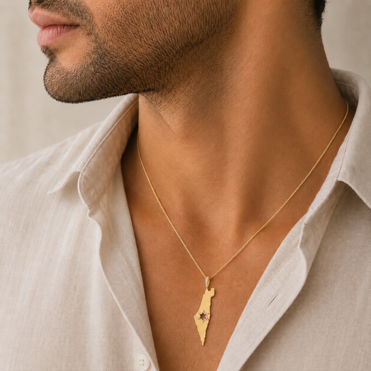 Additional image of  Israel Map Pendant in Real Gold with Star of David and Natural Diamonds