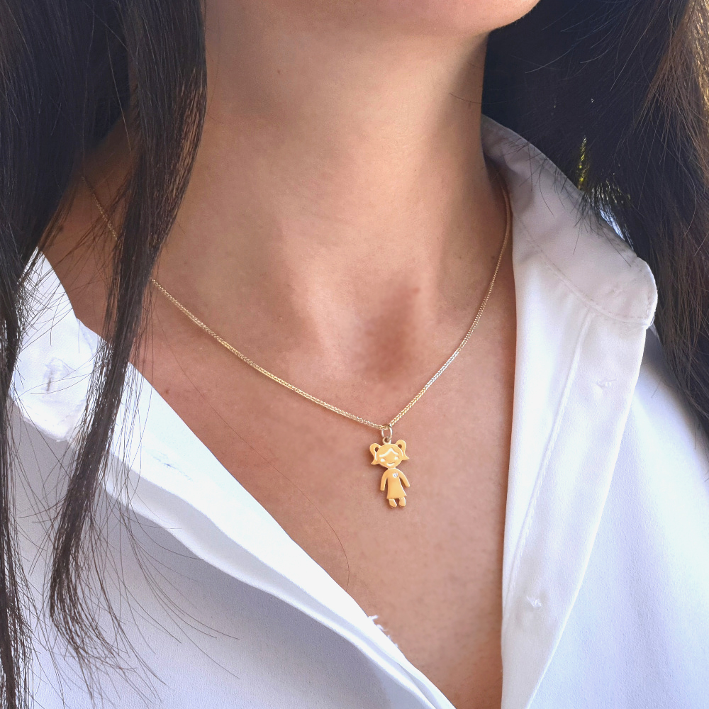 Realistic picture of 14k gold sweet baby girl pendant with a small diamond