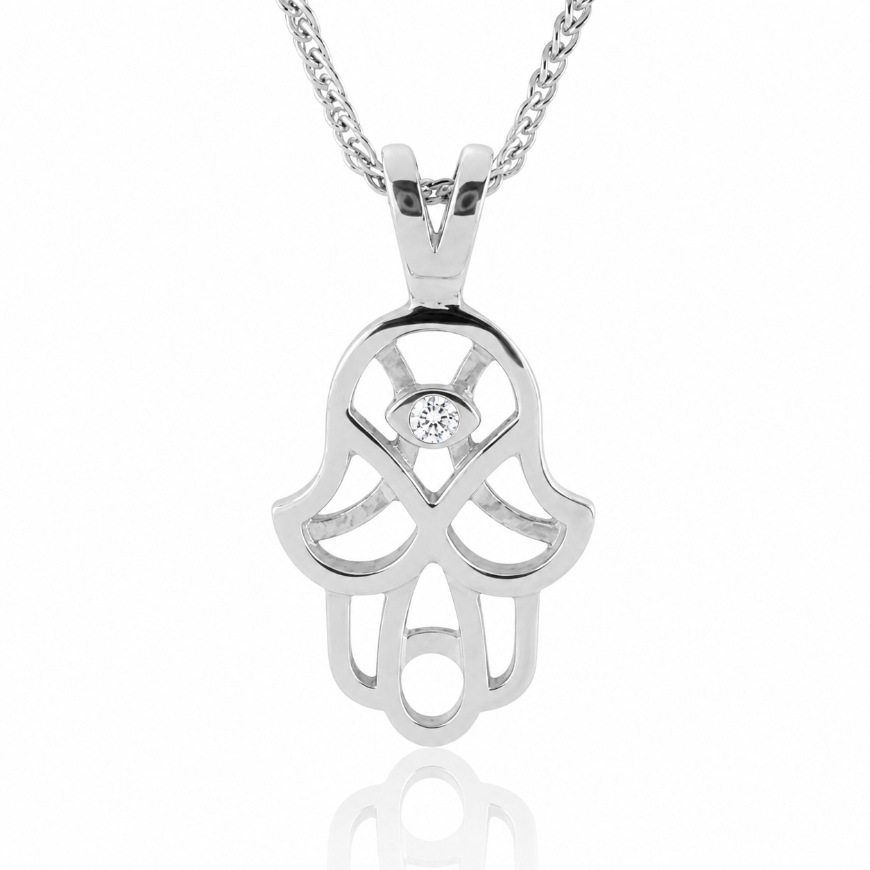 Realistic picture of Delicate and Unique Solid Gold Hamsa Pendant with Natural Diamond