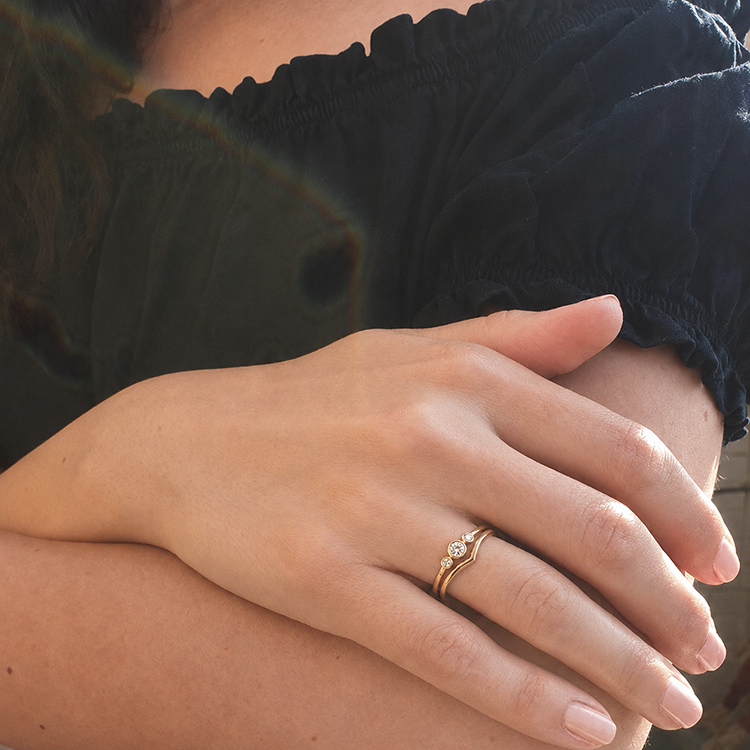 Additional image of  Delicate Three Diamond Ring in Solid Cast Gold