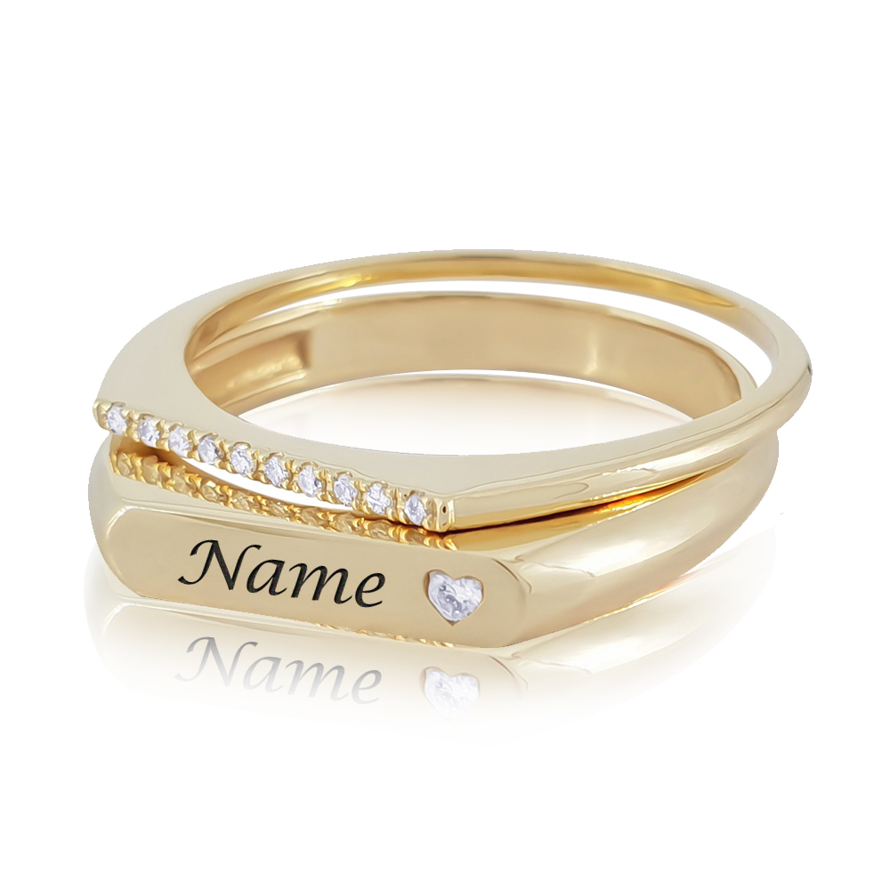 Heart Setting Personalized Name Ring and Diamond Ring Set