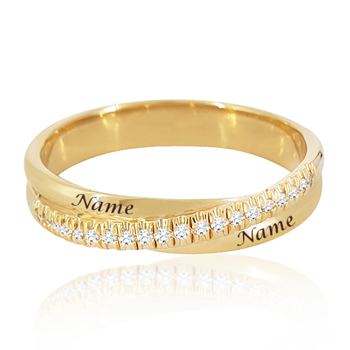 טבעת זהב משובצת יהלומים לחריטת שתי שמות