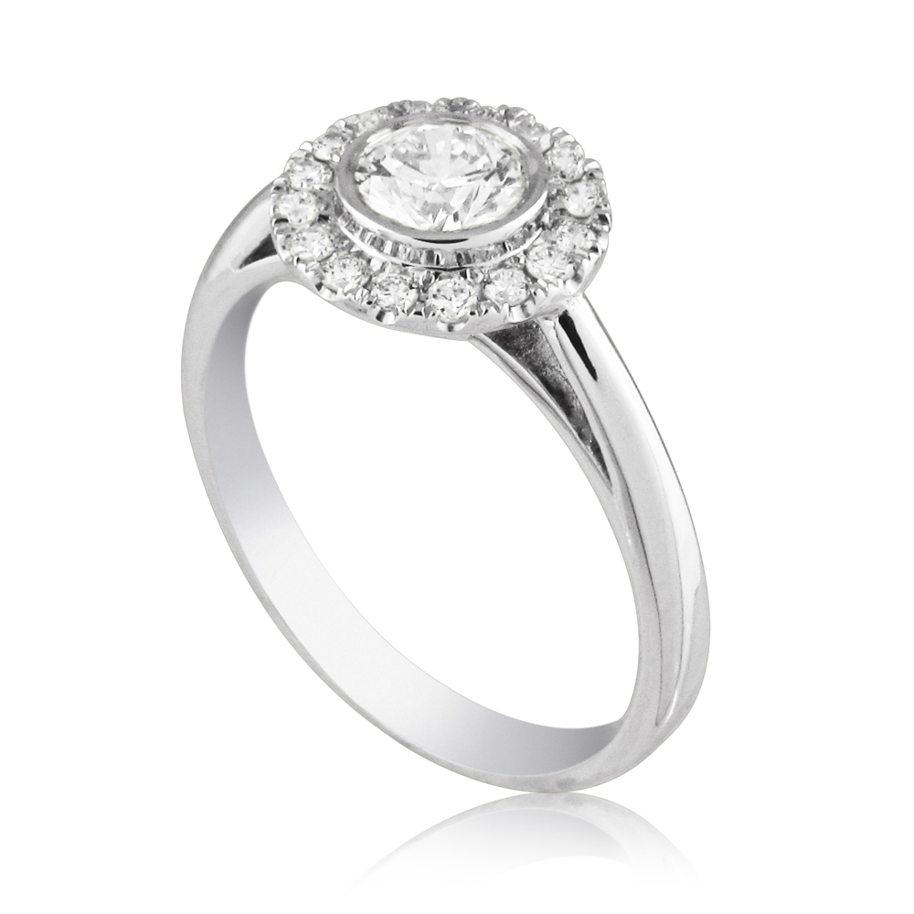 A Central Diamond Engagement Ring With A Circle Around It