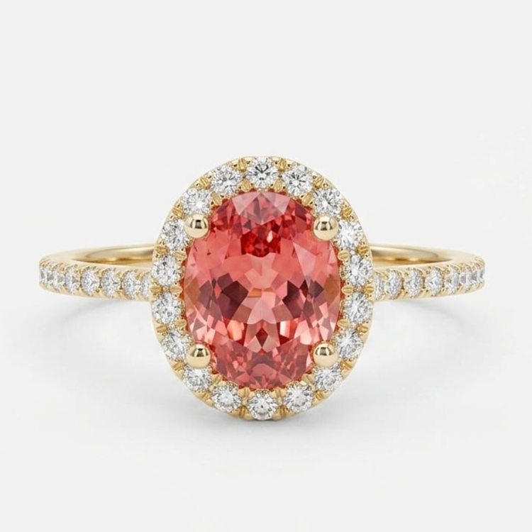 Real Gold Ring with Padparacha Lab Grown Sapphire and Natural Diamonds