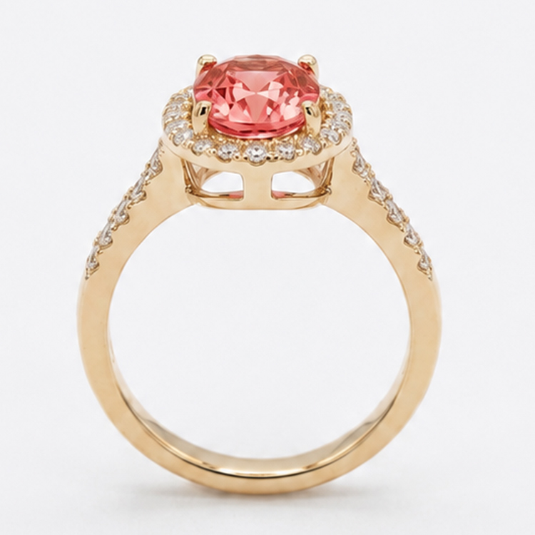 Realistic picture of Real Gold Ring with Padparacha Lab Grown Sapphire and Natural Diamonds