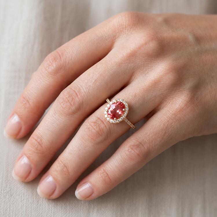 Additional image of  Real Gold Ring with Padparacha Lab Grown Sapphire and Natural Diamonds