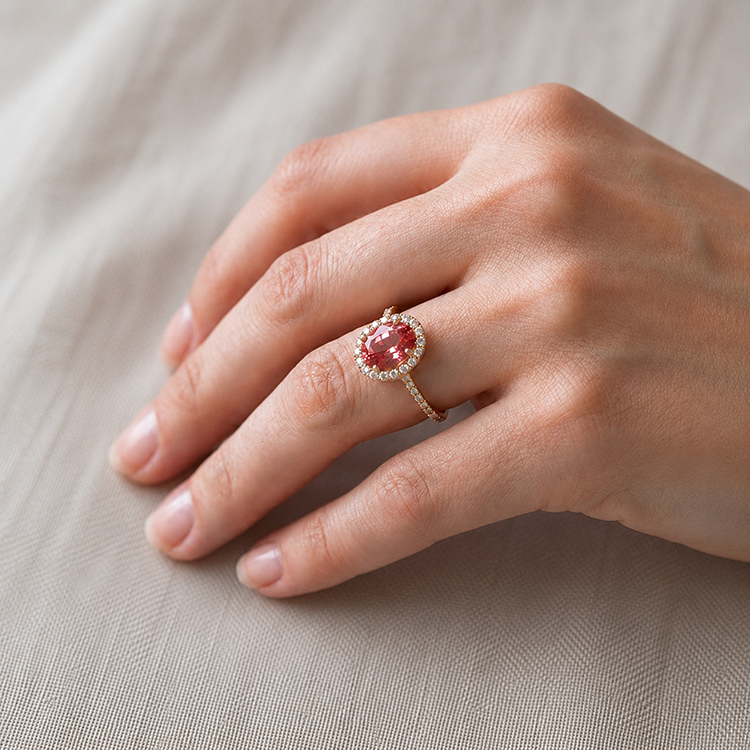 Additional image of  Real Gold Ring with Padparacha Lab Grown Sapphire and Natural Diamonds