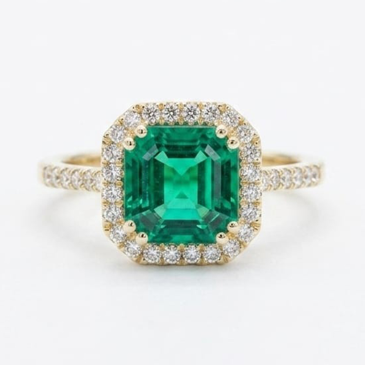 2 Carat Lab-Grown Colombian Emerald and Natural Diamond Gold Ring