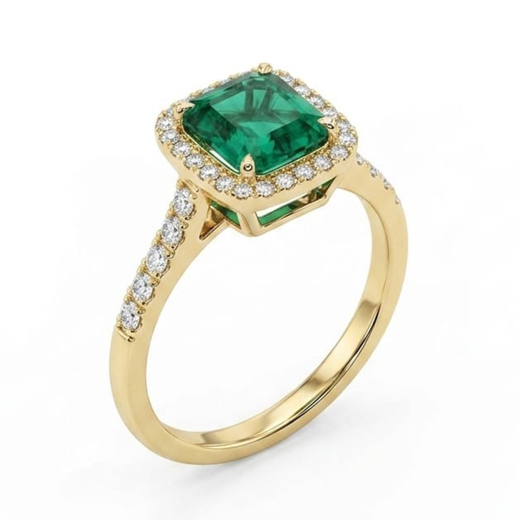 Realistic picture of 2 Carat Lab-Grown Colombian Emerald and Natural Diamond Gold Ring