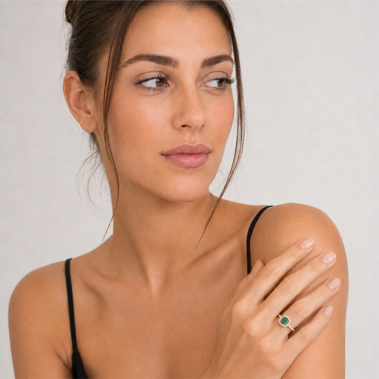 Additional image of  2 Carat Lab-Grown Colombian Emerald and Natural Diamond Gold Ring