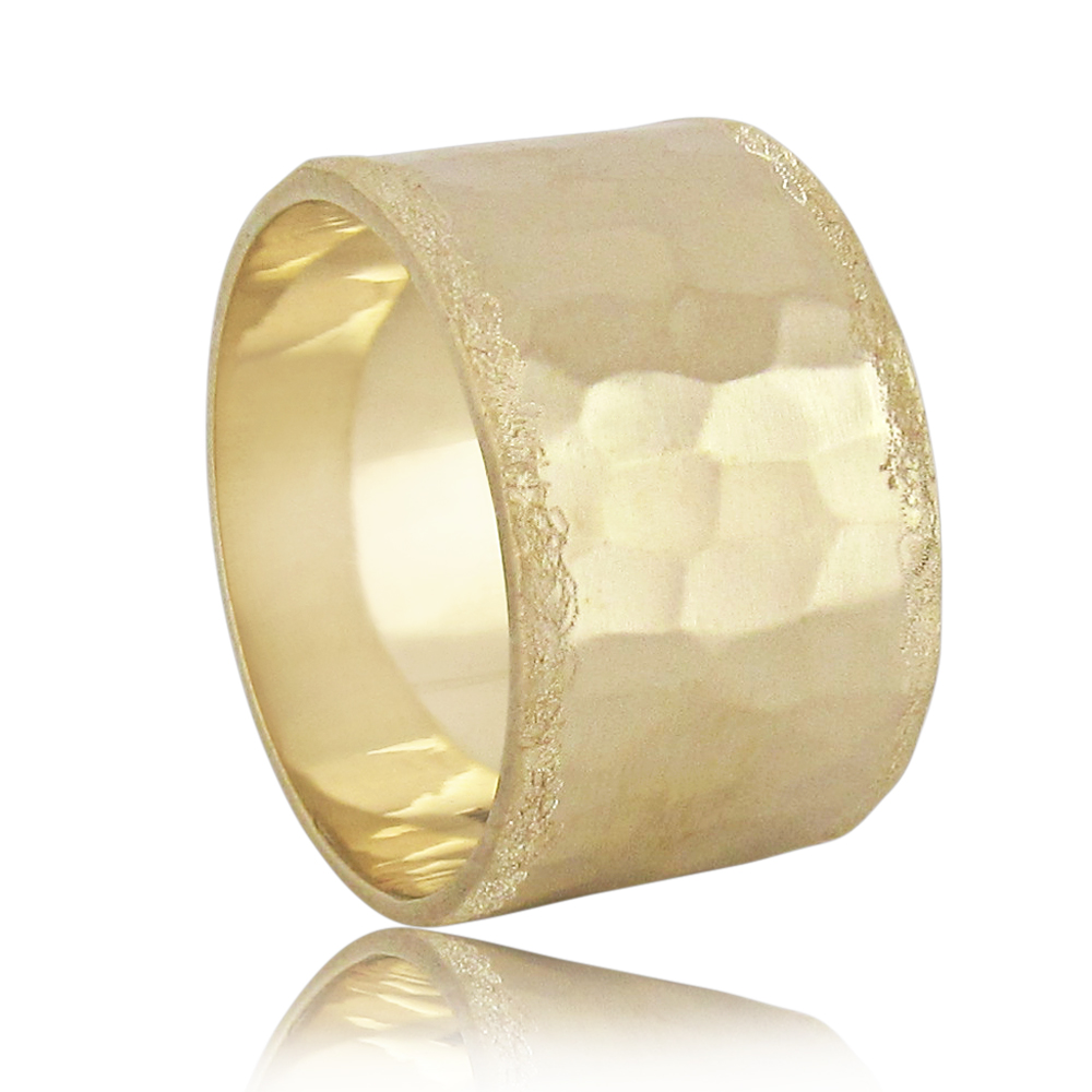 14k Yellow Gold Hammered Matte Finished Wide Wedding Ring