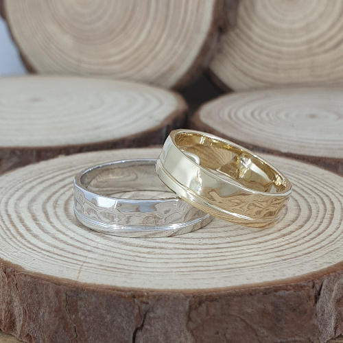 Realistic picture of 14k Gold Hammered and Smooth Finish Wedding Ring
